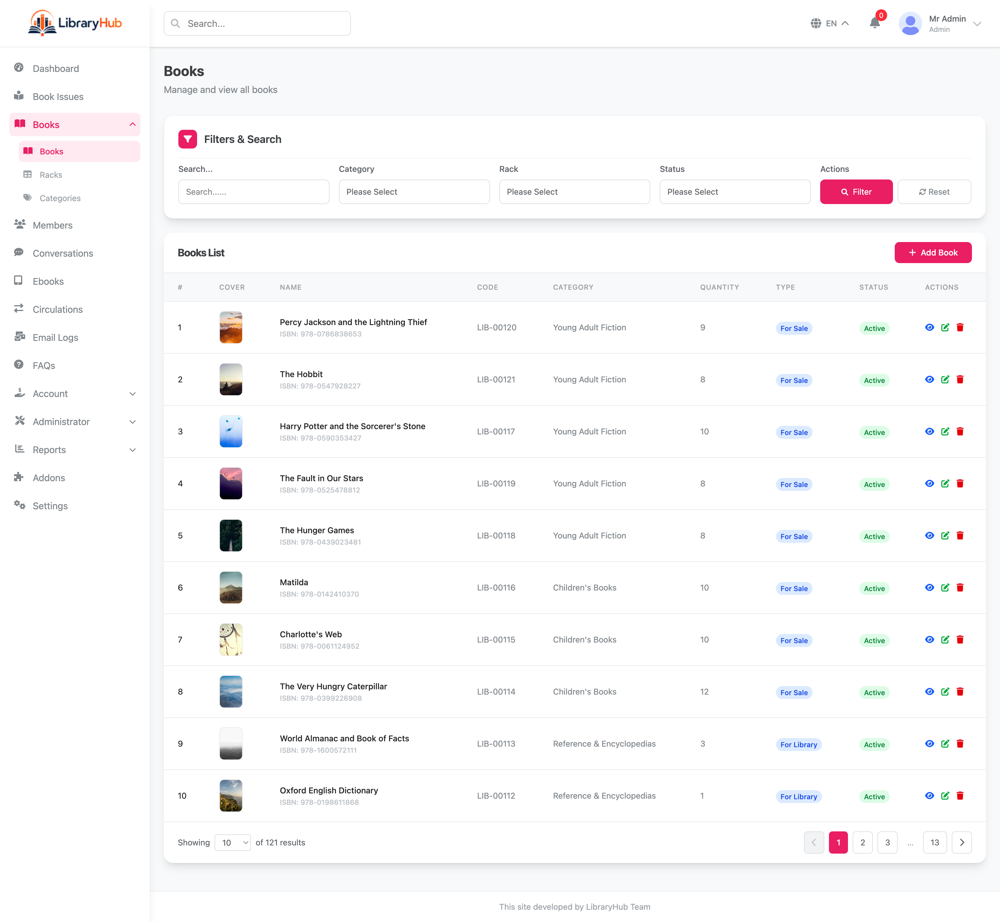 LibraryHub book catalog management showing book list with availability status